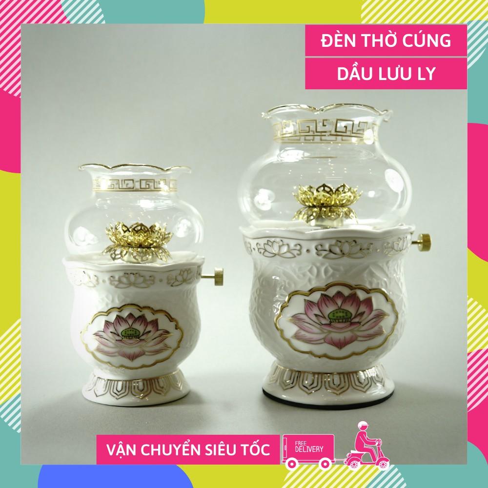 Đèn dầu thờ cúng gốm sứ bạch ngọc vẽ sen hồng cúng Phật đốt dầu lưu ly dầu hỏa - Nhiều cỡ