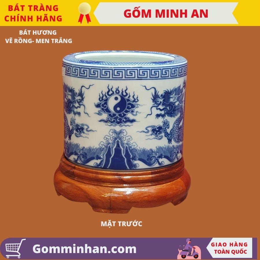 Bát Hương Thờ Vẽ Tay Song Long Chầu Nguyệt Men Trắng Cao Cấp- Gốm Sứ Bát Tràng- Gốm Minh An