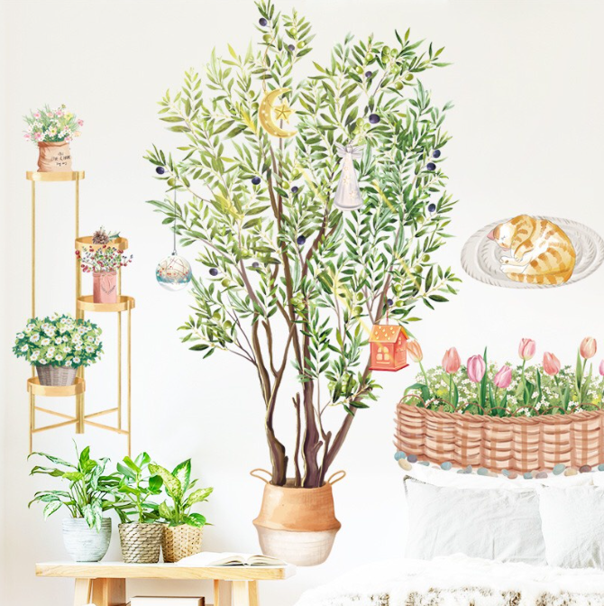 Decal trang trí tường - Chậu cây to và chú mèo đang ngủ