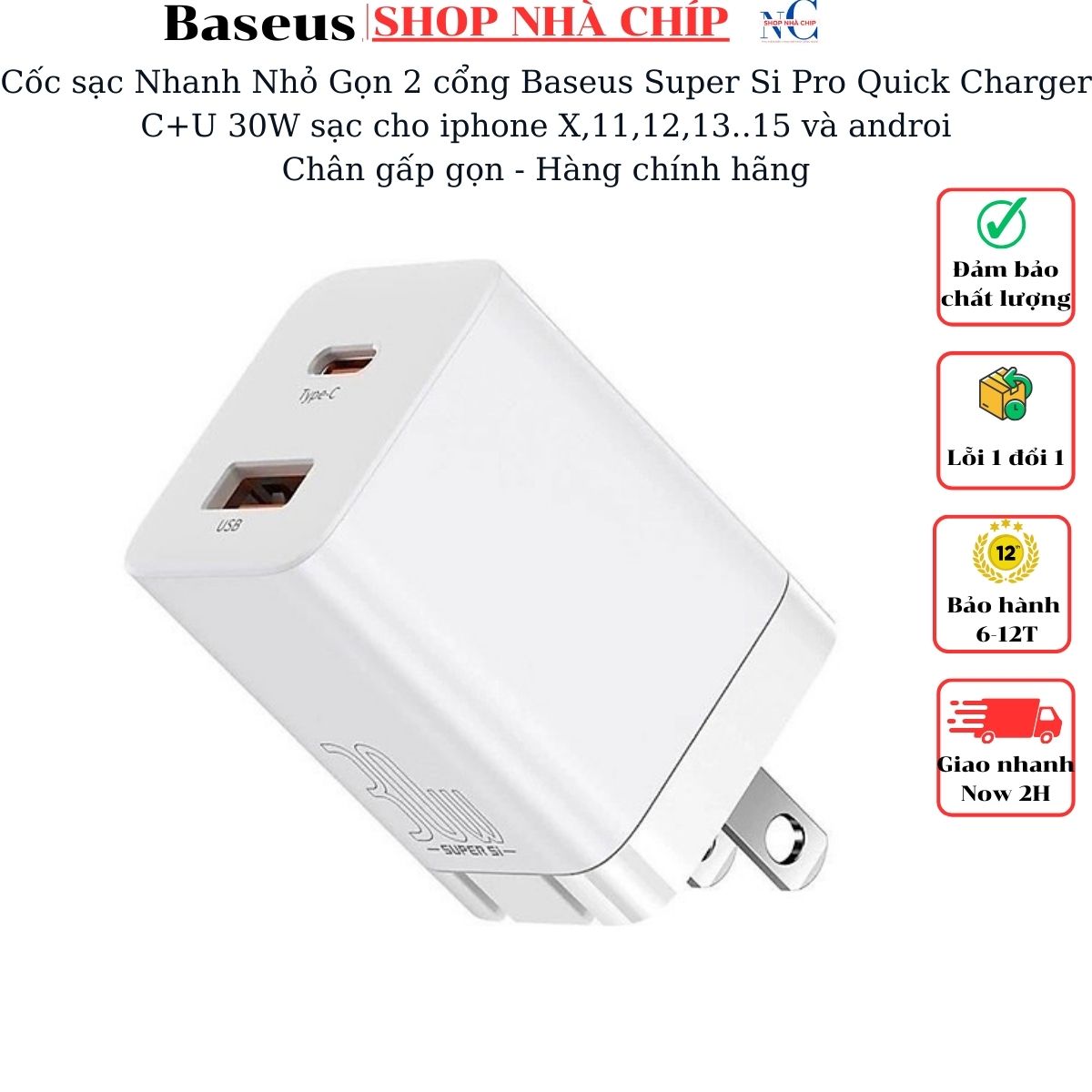 Cốc Sạc Nhanh Nhỏ Gọn Baseus Super Si Pro Quick Charger Cu 30W - Hàng Chính Hãng - Trắng - Chân Dẹt