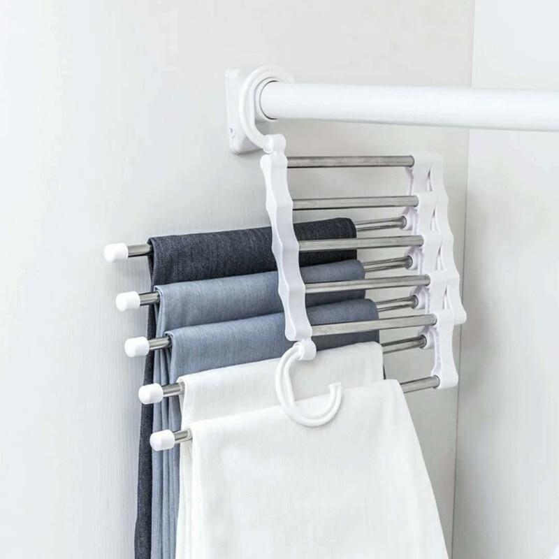 Hot Sale 5 In 1 Portable Multi-function Stainless Steel Pants Hanger Drying Rack Belt Storage Rack Space Saving Closet Organizer