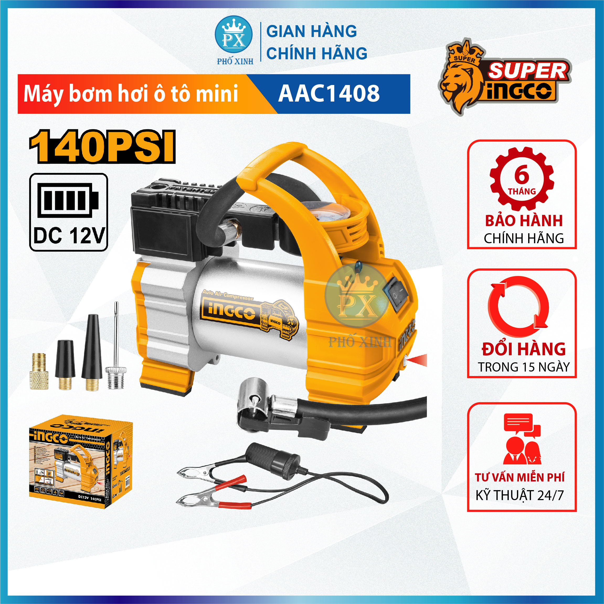Máy kiểm tra hơi lốp xe INGCO Máy kiểm tra hơi lốp xe INGCO AAC1408 | máy bơm hơi lốp xe Kèm đèn Led, dây nguồn 3m