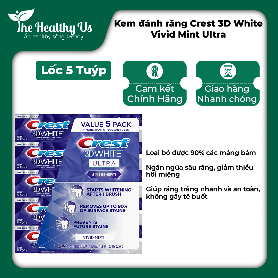 Set 5 Tuýp kem đánh răng Crest 3D White Vivid Mint Ultra - Mỹ (737g/ 5 tuýp)