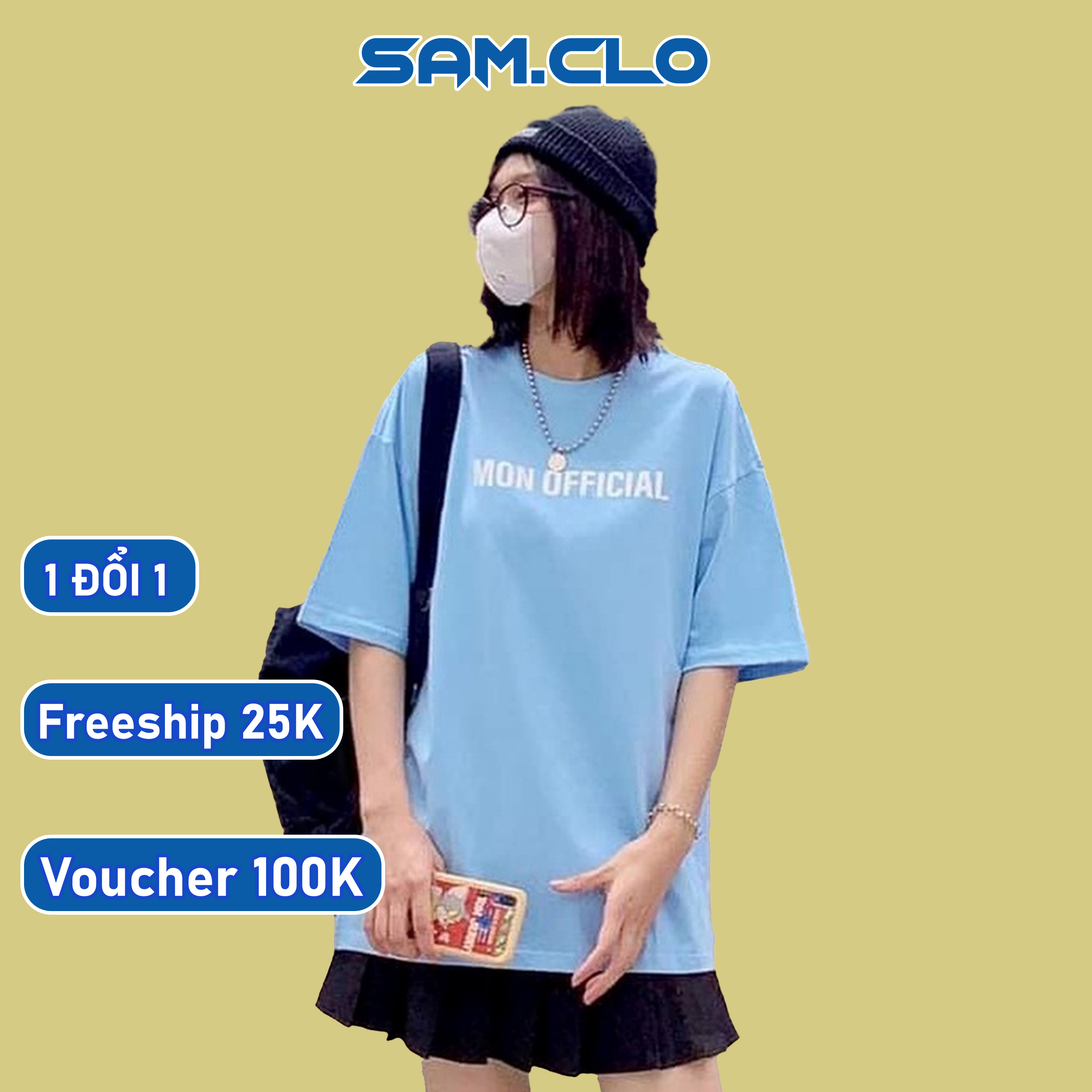 Áo phông nữ tay lỡ SAM CLO freesize thun form rộng dáng Unisex - mặc cặp, nhóm, lớp in chữ MON OFFICIAL - XANH DƯƠNG