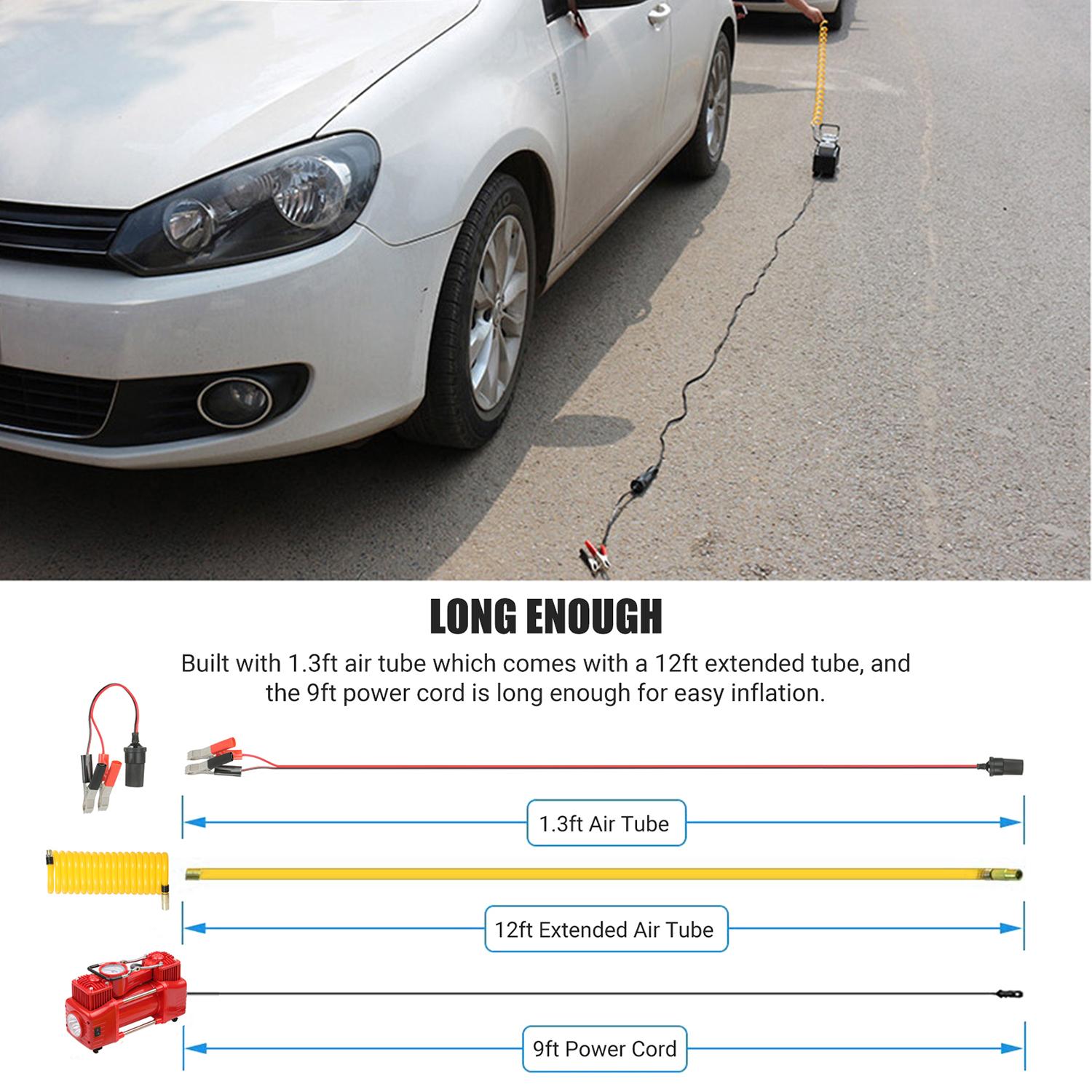 DC12V Dual Cylinder Air Compressor Portable Tire Inflator Emergency Car Air Pump with 3 Nozzles Extended Tube Carrying