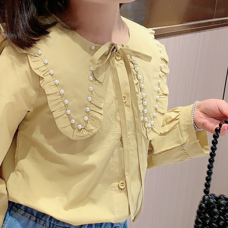 Áo sơ mi bé gái dài tay cổ phối ren 3-8 tuổi chất liệu vải thô cao cấp kiểu dáng thời trang
