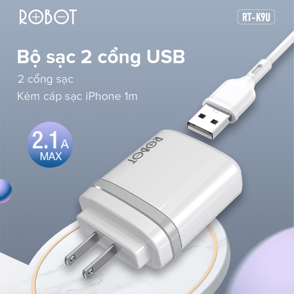 Bộ Củ Sạc &amp;amp; Cáp Sạc ROBOT RT-K9U 2 Cổng USB - Hàng Chính Hãng