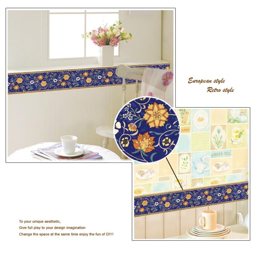 Decal trang trí tường - Viền hoa văn xanh đậm tinh tế