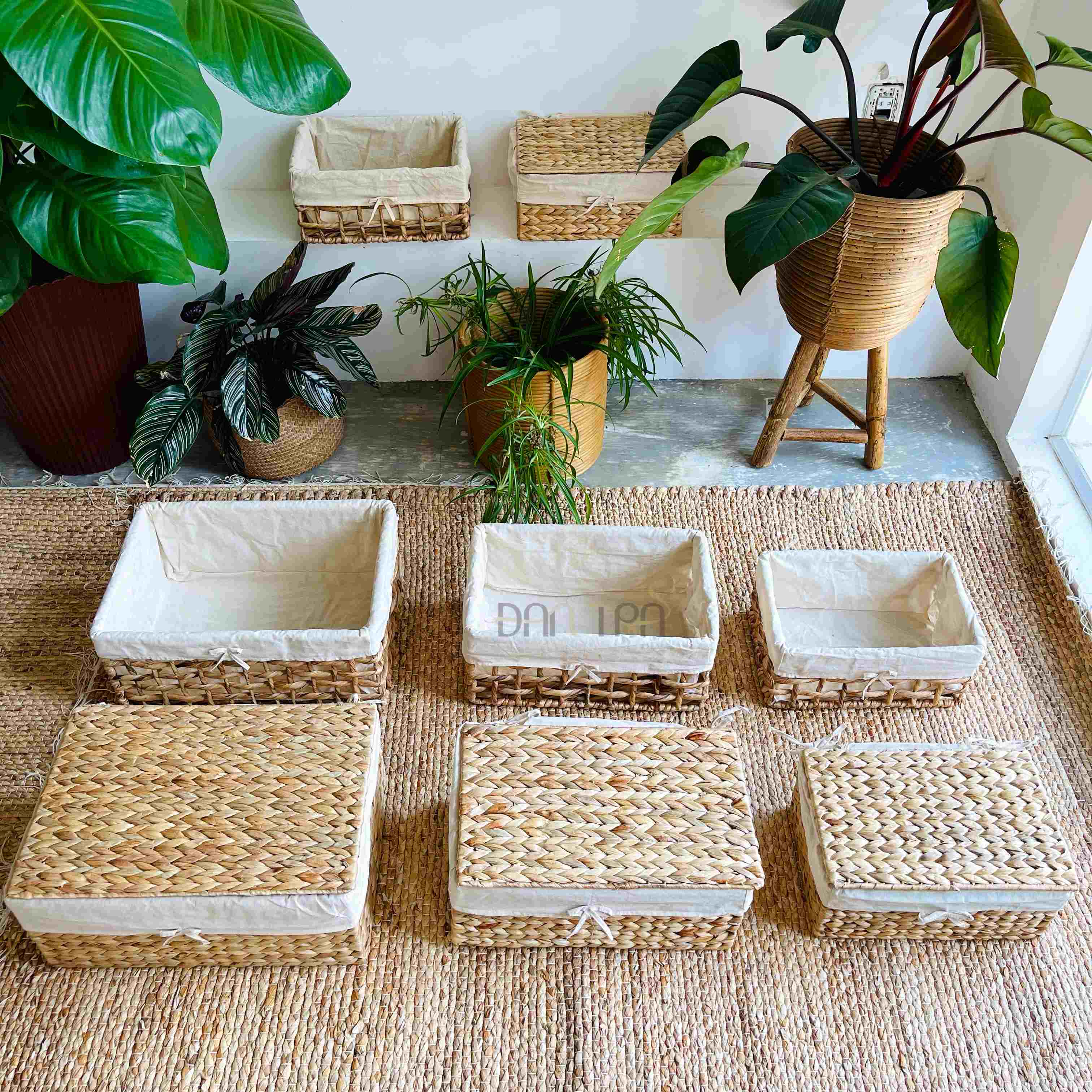 Khay Lục Bình Lót Vải Có Nắp Đựng Quần Áo - Khay Sắp Xếp Vật Dụng Gia Đình - Vật Dụng Decor Tự Nhiên- Đan Trà Decor