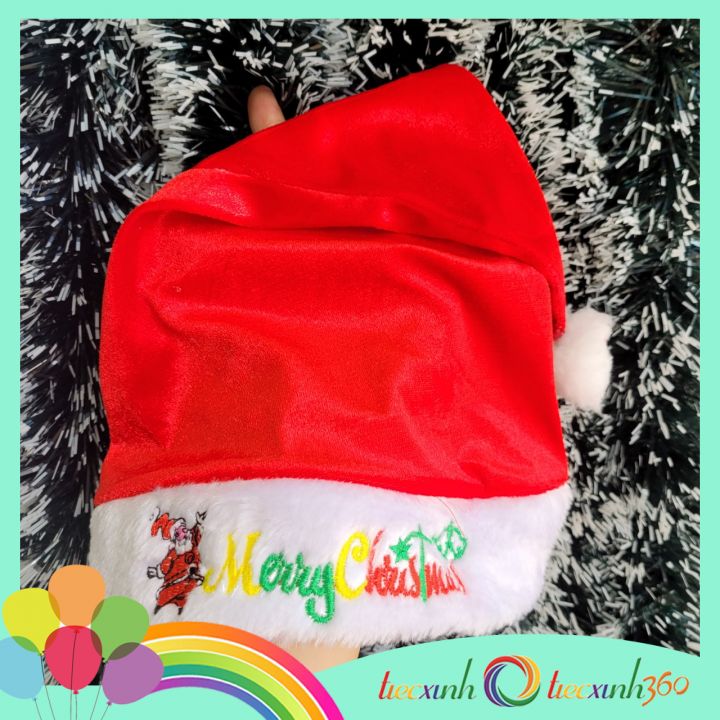 Nón Noel vải nhung viền thêu chữ Merry Christmas