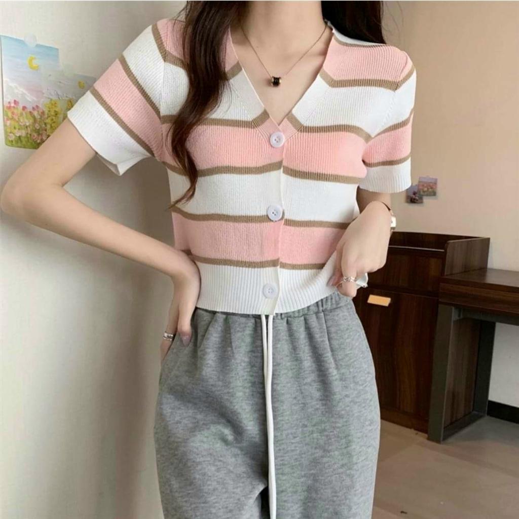 Áo len Montoghi dệt kim CỔ TIM CÀI NÚT sọc BẢN TO thanh lịch