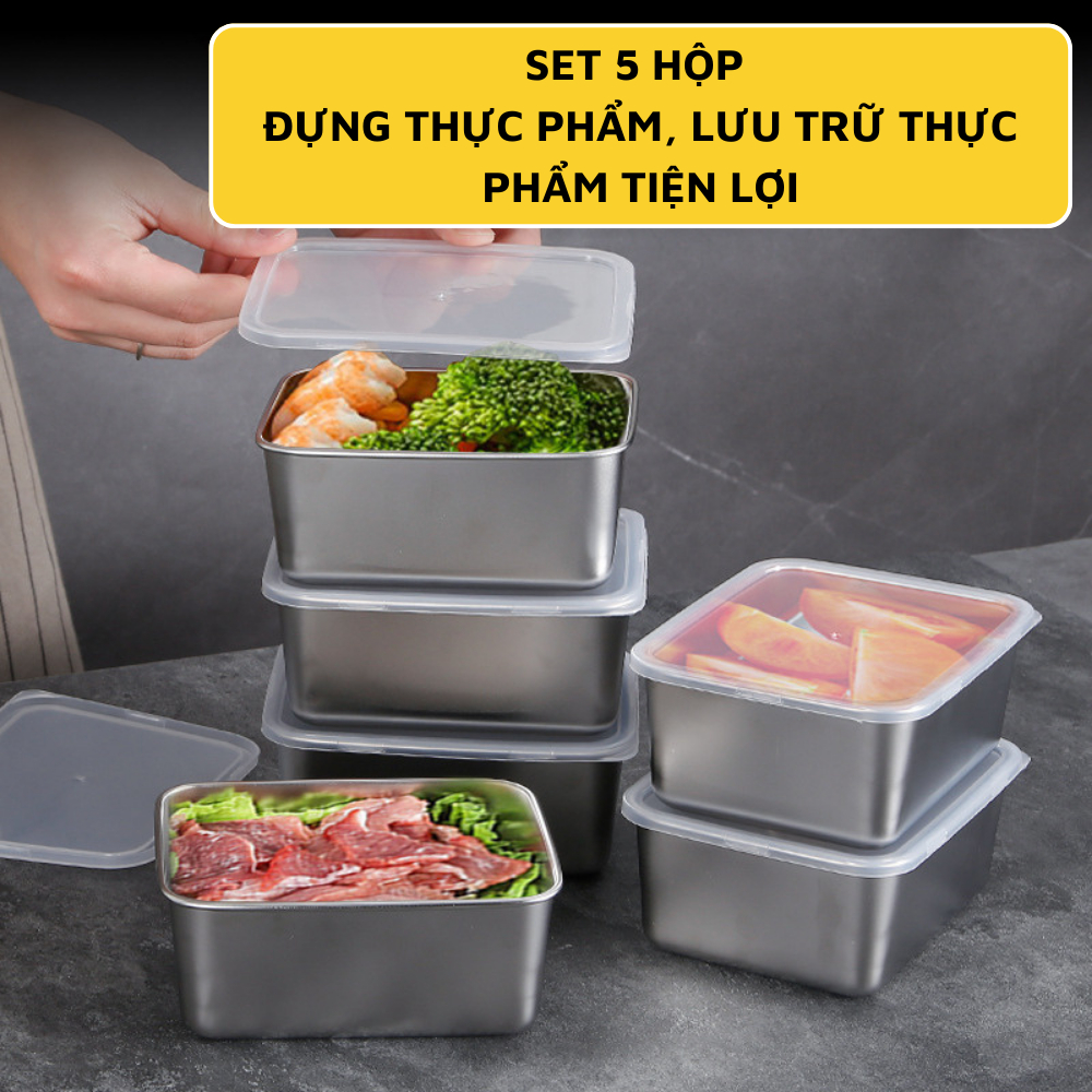 Set 5 hộp inox chống rỉ 304 kèm nắp nhựa bảo quản thực phẩm tủ lạnh đa năng tiện lợi