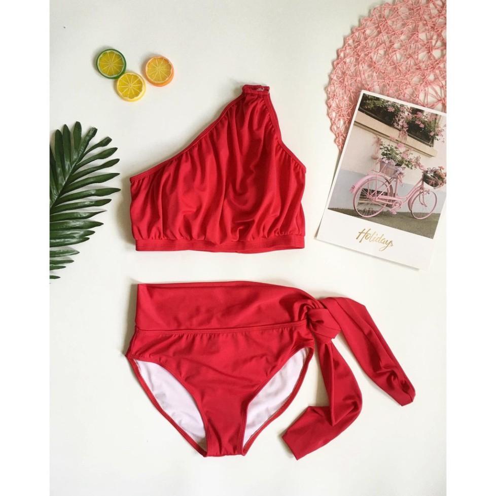 Bikini, bộ bơi áo lệch vai phối khoen vuông, quần nơ dài, phong cách Hy Lạp - EVA shop