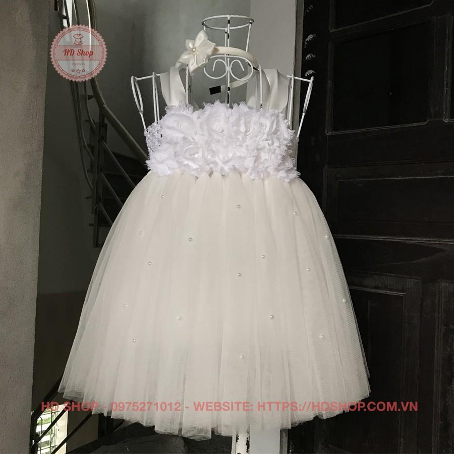 Váy công chúa ️️ Váy công chúa cho bé trắng hoa 3D đính đá