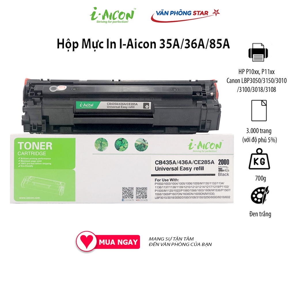 [hàng chính hãng] Hộp mực 35a/36A/85A thương hiệu I.aicon mã mực 35a/36A/85A dành cho máy in  HP/Canon 125/312/313/325/712/713 chất lượng bản in đẹp, tương thích tốt