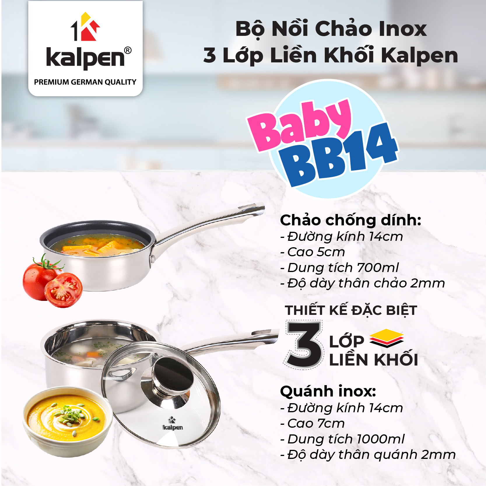 Bộ Nồi Chảo INOX 304 Cao Cấp 3 Đáy Liền Khối Baby BB14 Chính Hãng KALPEN-GIA DỤNG ĐỨC