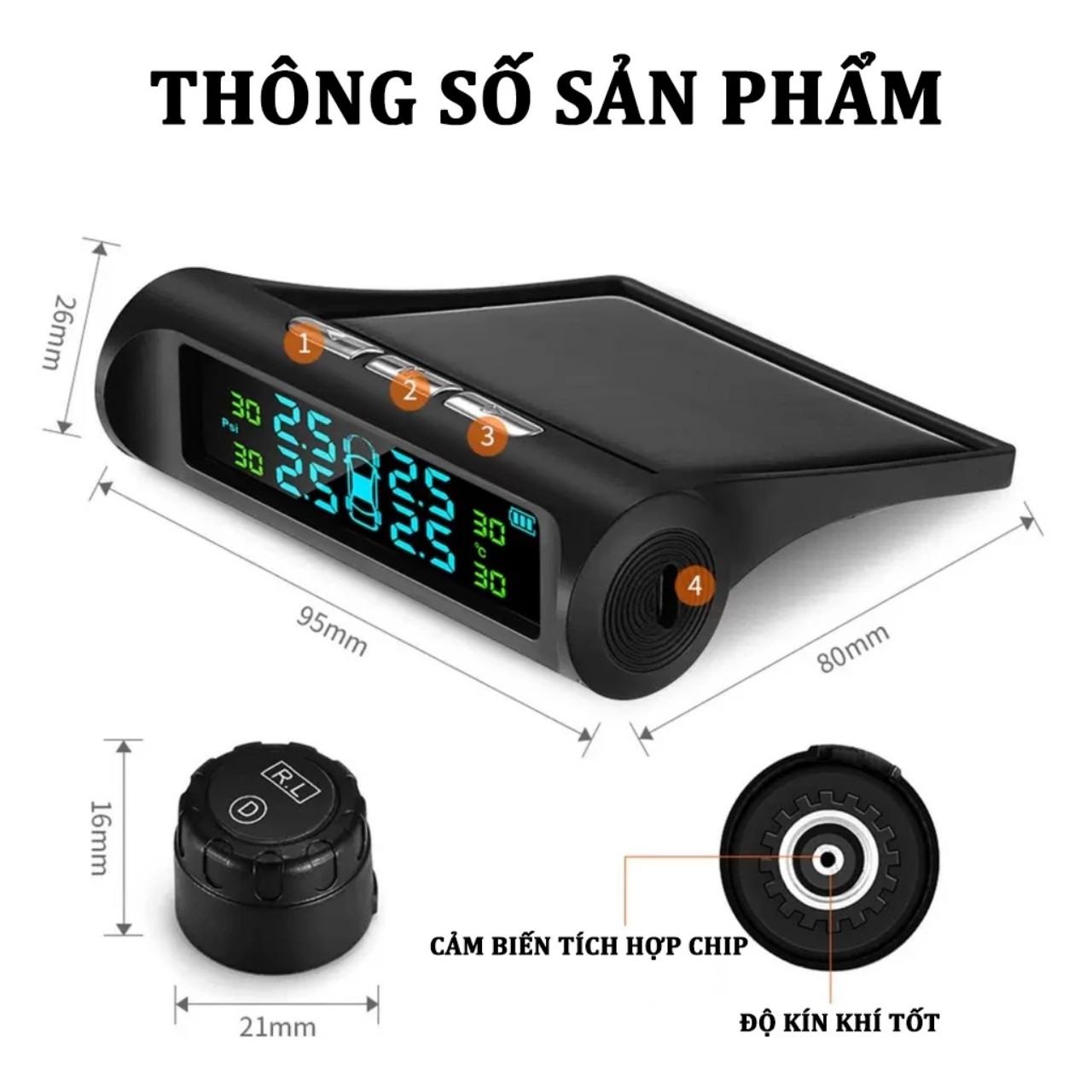 Bộ đo áp suất lốp ô tô cảm biến không dây năng lượng mặt trời loại tốt hàng cao cấp