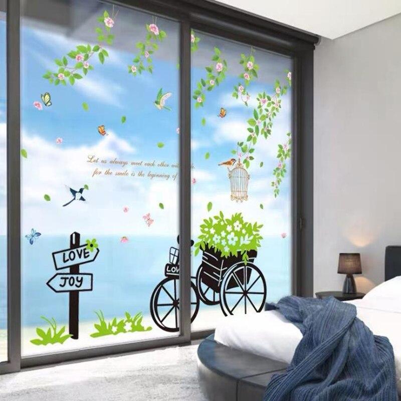 DECAL DÁN TƯỜNG DÂY LEO HOA TẦM XUÂN VÀ XE ĐẠP XANH - HP432