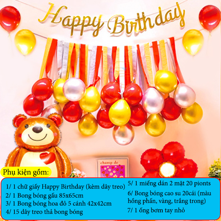 Bộ trang trí sinh nhật happy birthday chú gấu - Sét bong bóng trang trí tiệc thôi nôi, đầy tháng cho trẻ