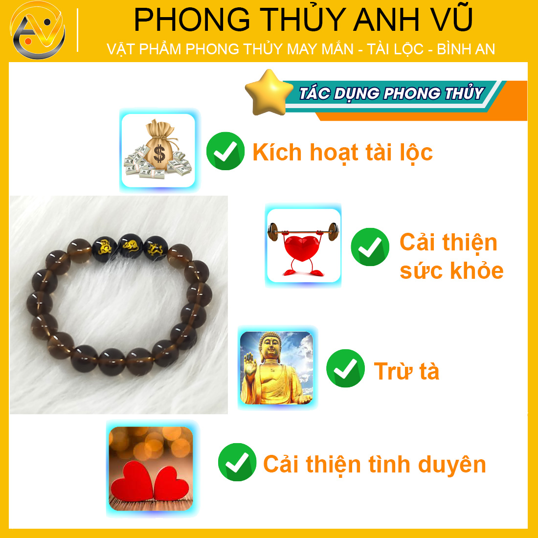 Vòng thạch anh đen khói tam hợp thân tý thìn đã khai quang - size 8 10 12ly - may mắn tài lộc - Vòng Tam Hợp Anh Vũ