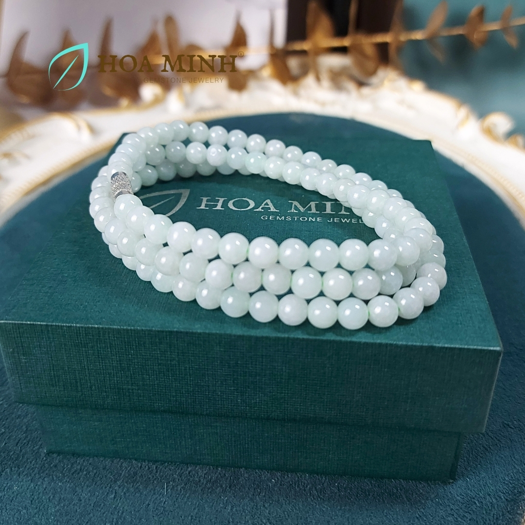 Vòng cổ 108 hạt ngọc Cẩm Thạch A xanh táo size hạt 5.5 li (có thể đeo thành vòng tay) VIP, trong bóng | Hoa Minh Gem