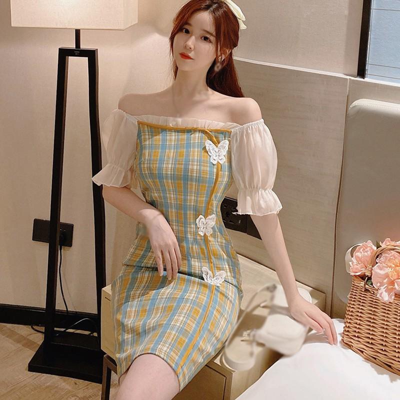 Đầm tay phồng cổ vuông kẻ sọc caro Retro