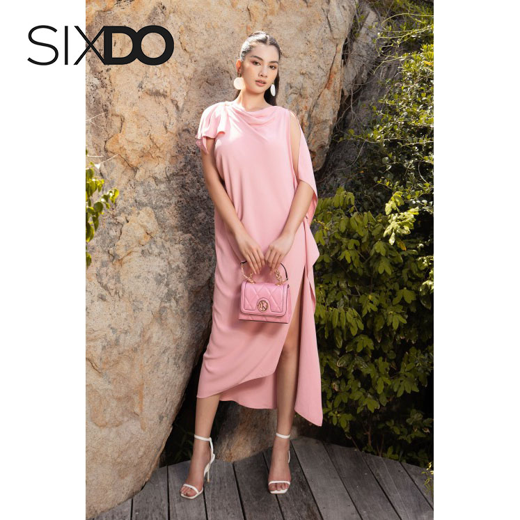 Đầm lụa hồng midi xẻ tà SIXDO