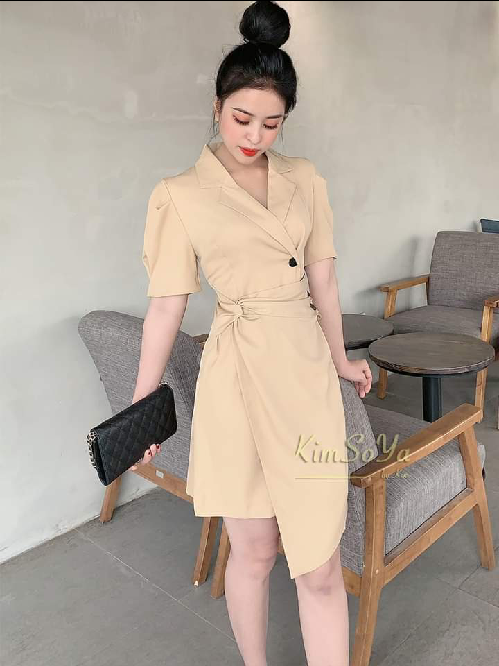 Đầm cao cấp màu nude lật tà cổ sơ mi siêu sang tay nhúng dáng công sở