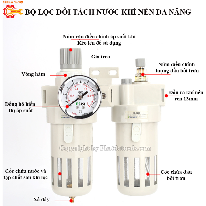 Bộ Lọc Tách Nước Kèm Van Điều Áp Khí Nén - Bộ Lọc Đơn - Lọc Đôi Kèm Bình Châm Dầu Đa Năng