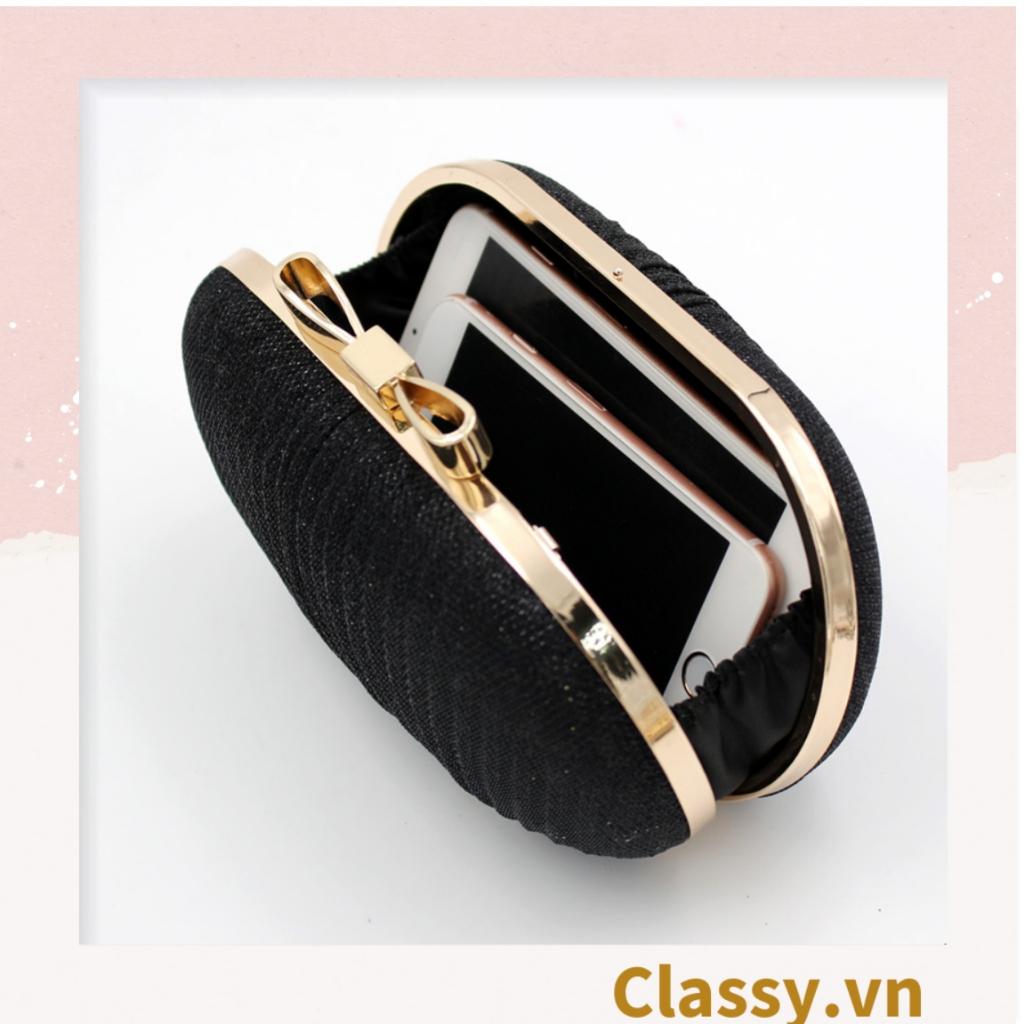 Clutch Classy cầm tay đi tiệc màu be hình bầu dục , đính đá sequin lấp lánh T589