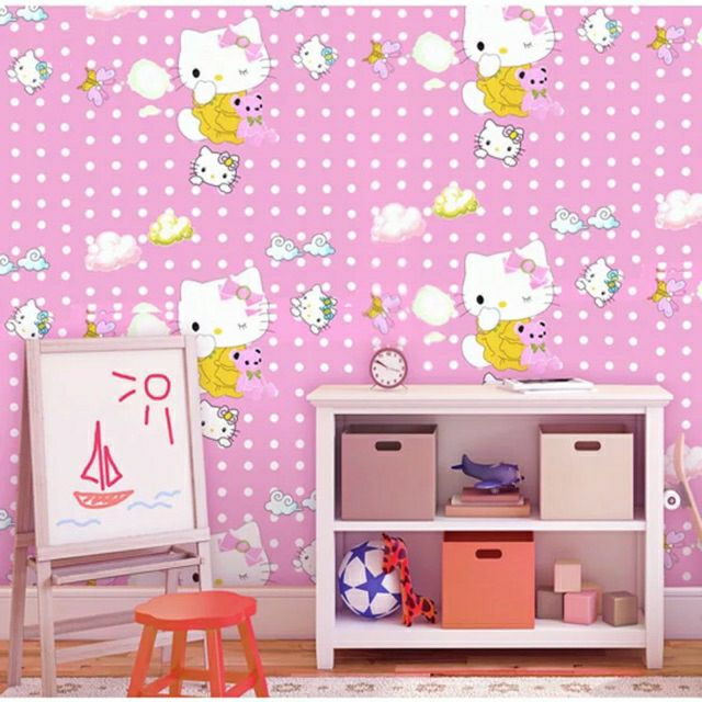 Combo 10 mét giấy dán tường, decal dán tường trang trí nhà cửa KITTY ÔM GẤU khổ 45cm