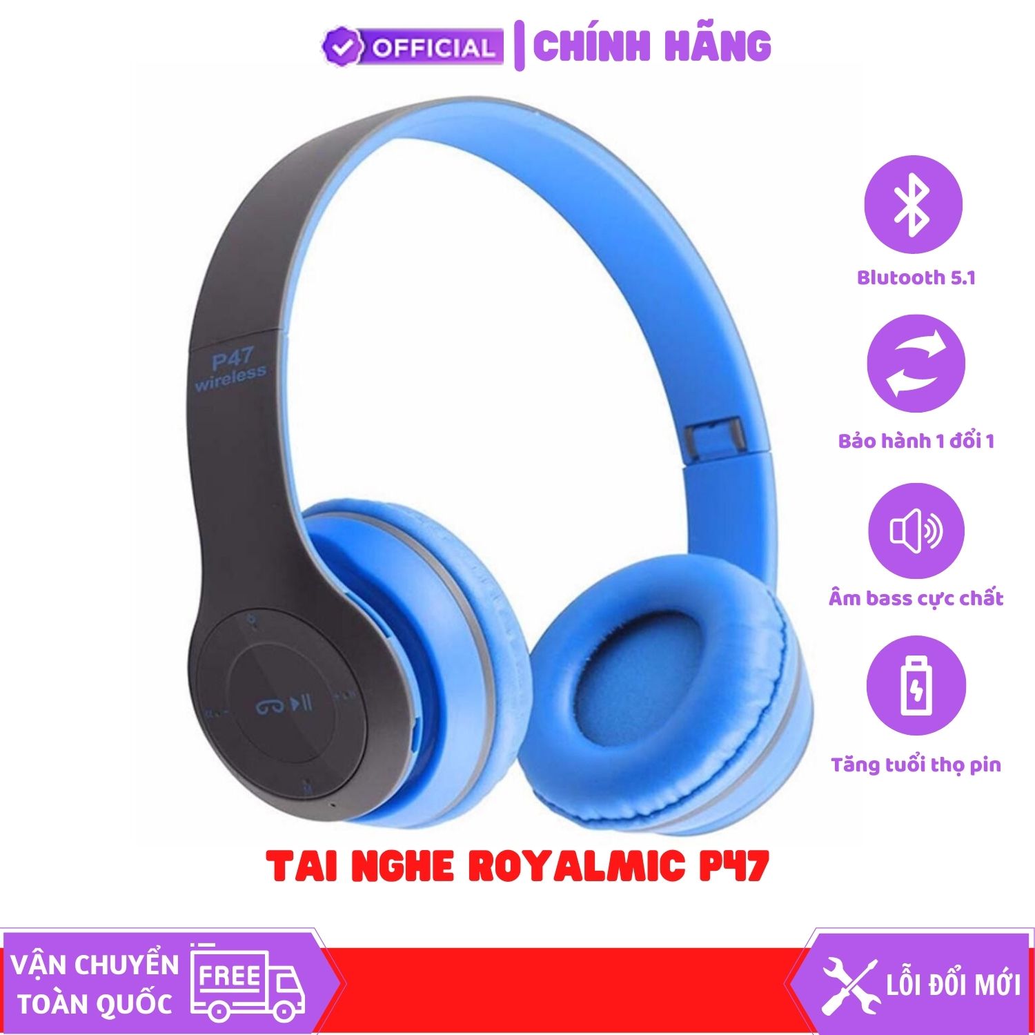 Tai Nghe Không Dây Kết Nối Bluetooth ROYALMIC P47 Có Khe Cắm Thẻ Nhớ - Hàng Chính Hãng