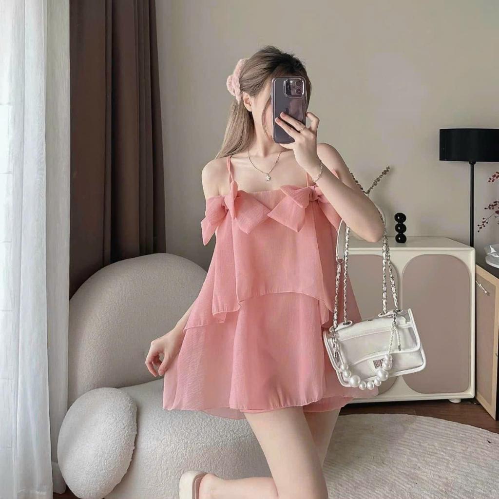Sét bộ áo 2s bèo tầng đính nơ kèm quần ngắn