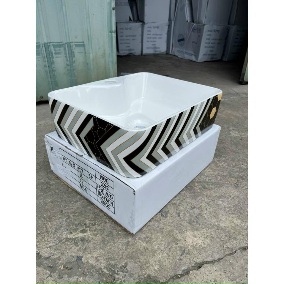Chậu Lavabo Vuông Đặt Bàn Họa Tiết Hoa Văn Đen