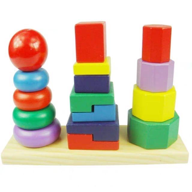 Đồ chơi gỗ 3 tháp xếp chồng trên thanh ngang - Montessori