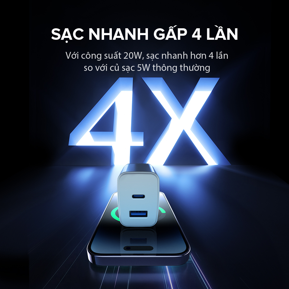 Củ Sạc Nhanh VIVAN Power 20 II U Công Suất 20W 2 Cổng Sạc USB/ Type-C Có Dây Type-C - Hàng chính hãng