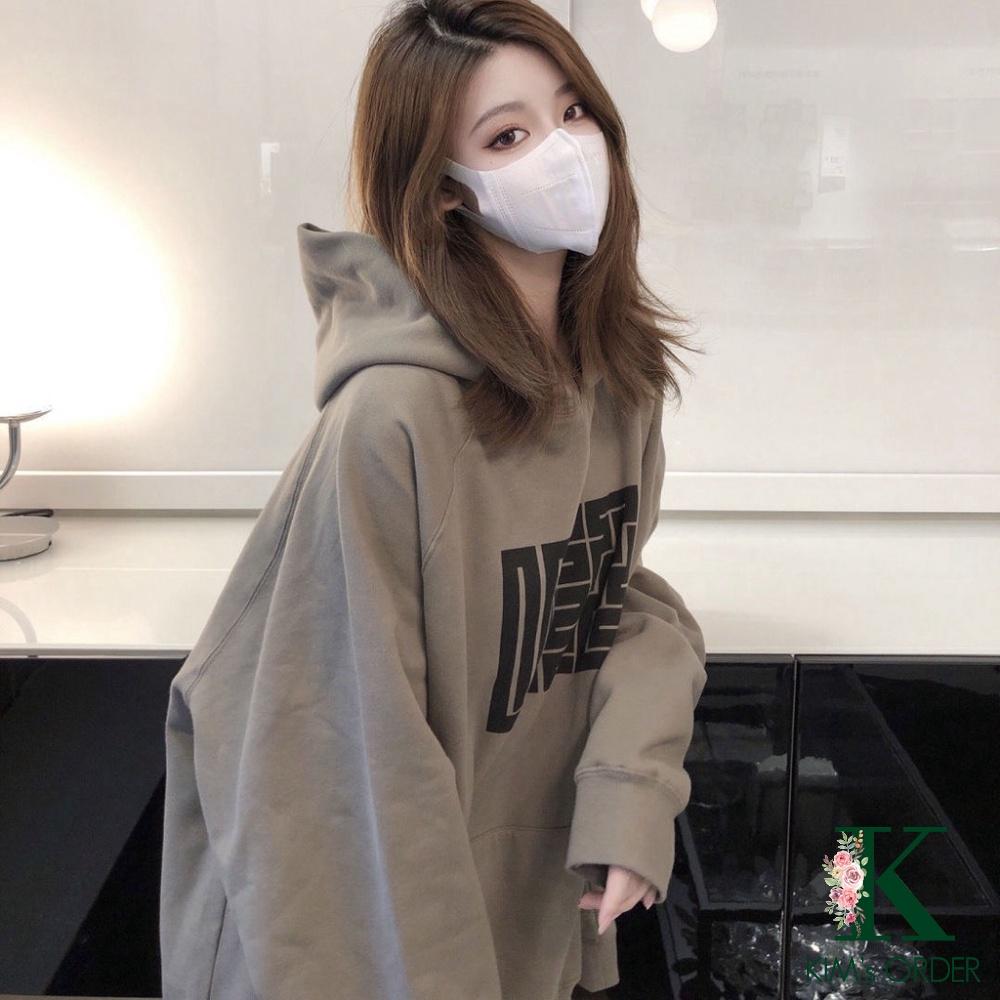 Áo hoodie nữ màu nâu xám dài tay phom rộng có mũ chất nỉ unisex phong cách Ulzzang Hàn Quốc