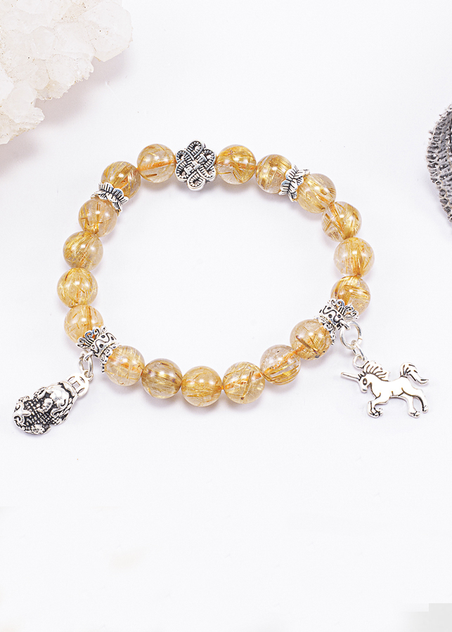 Vòng Tay Phong Thủy Nữ Đá Thạch Anh Tóc Vàng Phối Charm Tỳ Hưu & Kỳ Lân Bạc Mệnh Thổ, Kim Ngọc Quý Gemstones