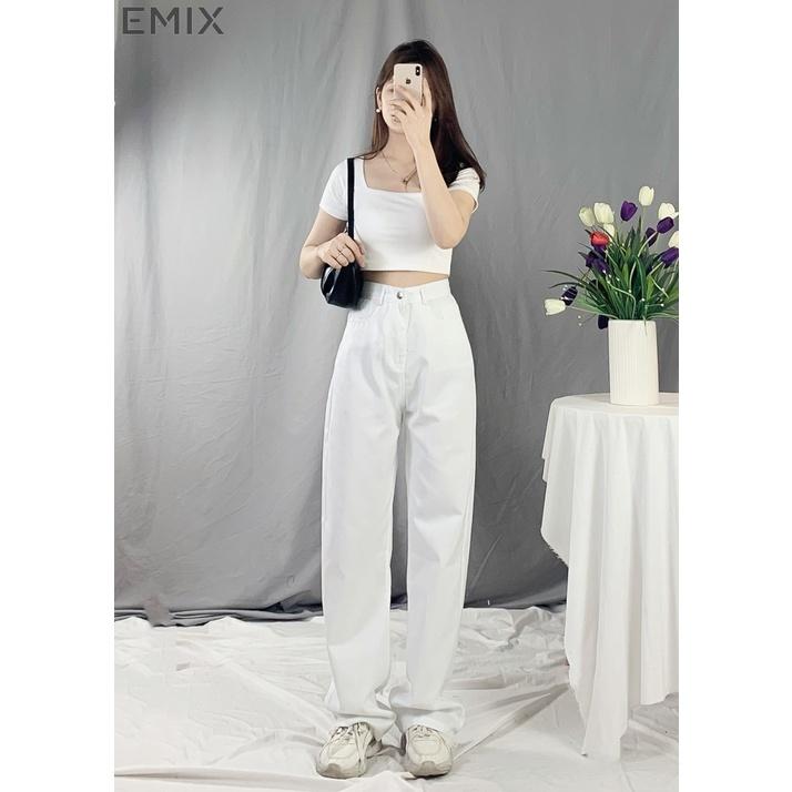 Quần jean đi học EMIX (3 màu), ulzzang, dáng dài, cạp cao, ống suông rộng, có đai, túi, chất jean mềm nhẹ 240