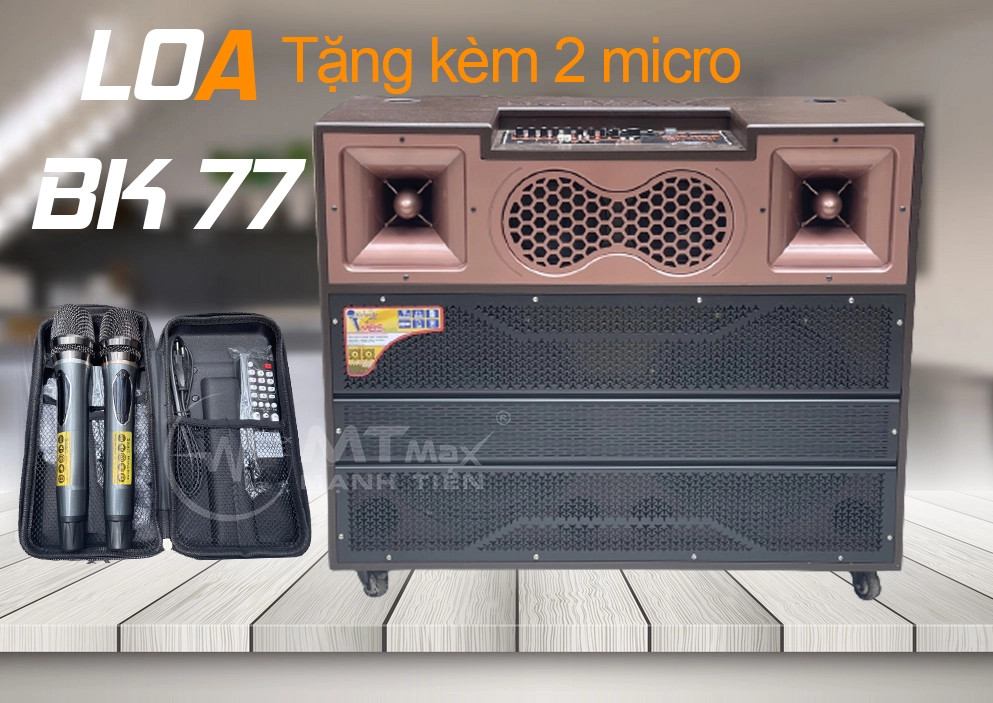 Loa kéo di động MTMax BK77 - Dàn karaoke ngoài trời bass 4 tấc đôi ngang, 2 treble - Loa khủng long công suất cực lớn đến 6000W - Kèm 2 micro không dây UHF - Đầy đủ kết nối Bluetooth, AV, USB, SD card, TWS