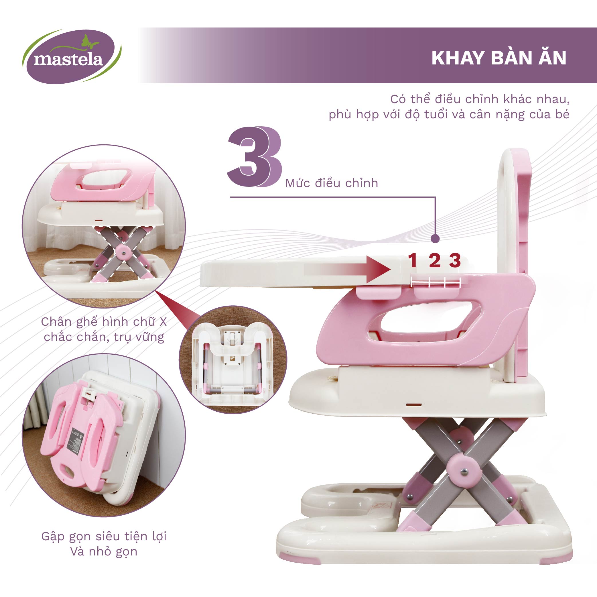 Ghế ăn dặm cho bé gấp gọn và nâng hạ độ cao Mastela 7110 - 7112 - Ghế tập ăn dặm đạt chuẩn ASTM Mỹ BPA Free