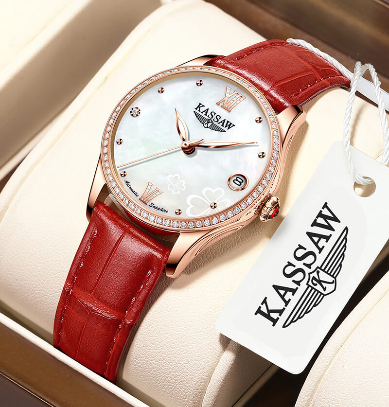 Đồng hồ nữ chính hãng KASSAW K996-2 ,Fullbox, Kính sapphire ,chống xước,chống nước,mặt đỏ vỏ vàng hồng dây da, thép không gỉ 316L, Mới 100%,Bảo hành 24 tháng,thiết kế lộ cơ đơn giản,trẻ trung và sang trọng