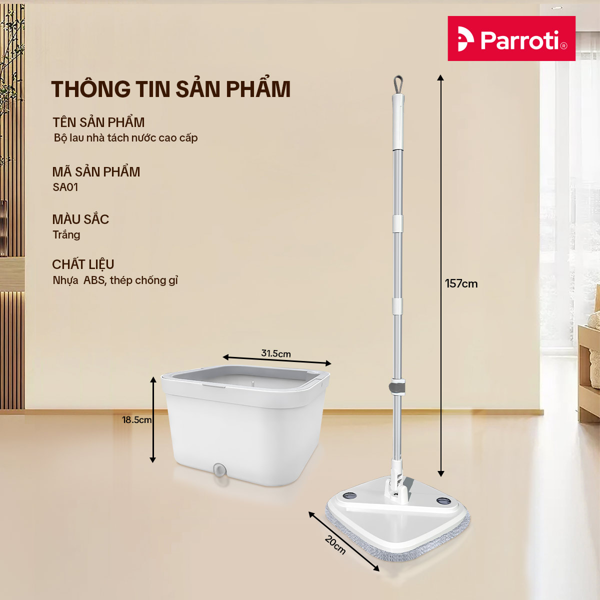 Cây lau nhà tách nước bẩn, bộ lau nhà tự vắt xoay 360 độ, chổi lau nhà thông minh Parroti Spin - SA01