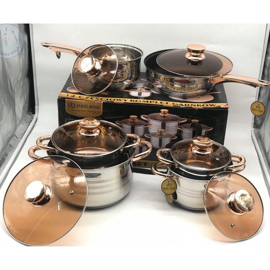 BỘ NỒI ĐỨC 6 MÓN 12 CHI TIẾT - 5 ĐÁY - ĐUN ĐƯỢC TỪ, HỒNG NGOẠI, GAS..