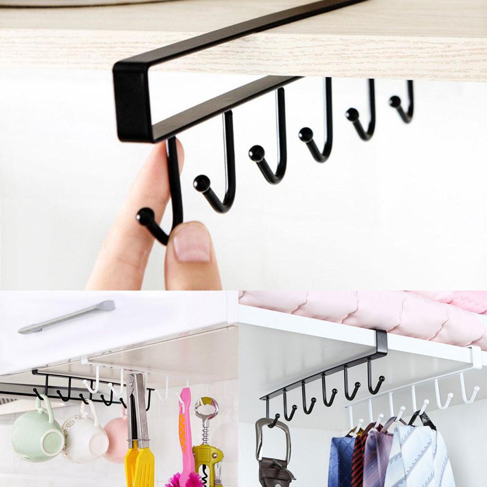 THANH SẮT 6 MÓC TREO ĐỒ ĐA NĂNG GẮN KẸP DƯỚI TỦ BẾP , TỦ QUẦN ÁO - KHUNG MÓC TREO ĐỒ GẮN TỦ , BÀN LÀM VIỆC