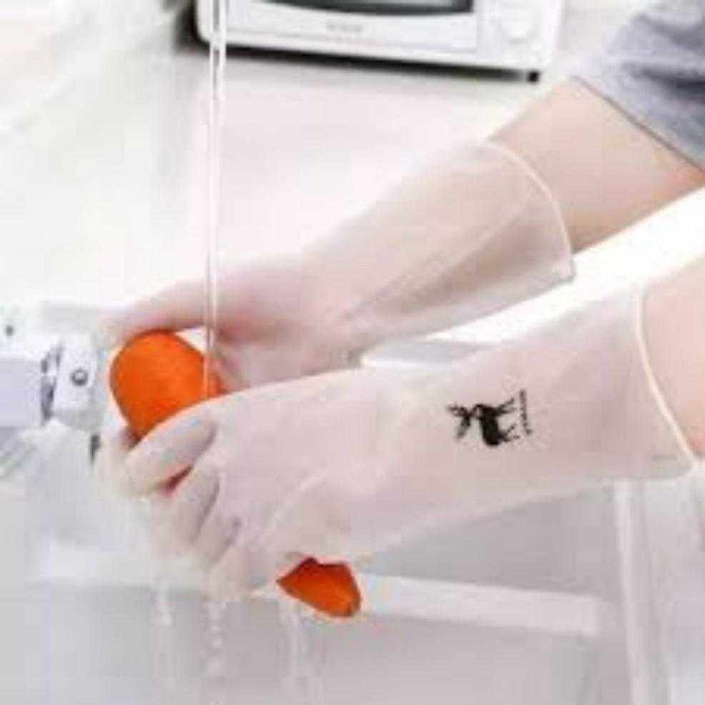Găng tay cao su lót bông nỉ loại dài - Găng tay rửa bát làm bếp siêu dai không mùi