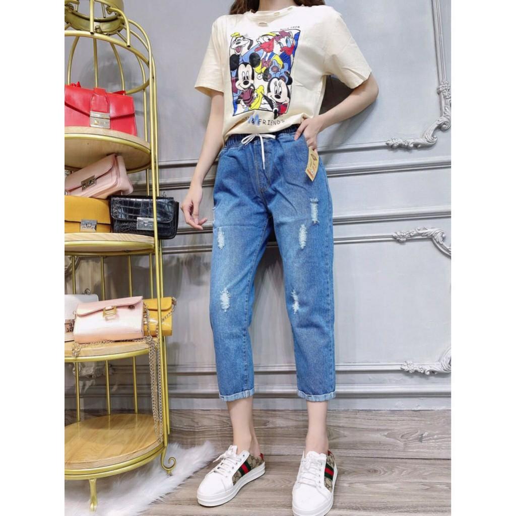 Quần jeans baggy rách dáng lửng ống xăn lai cao cấp màu xanh nhạt xanh đậm