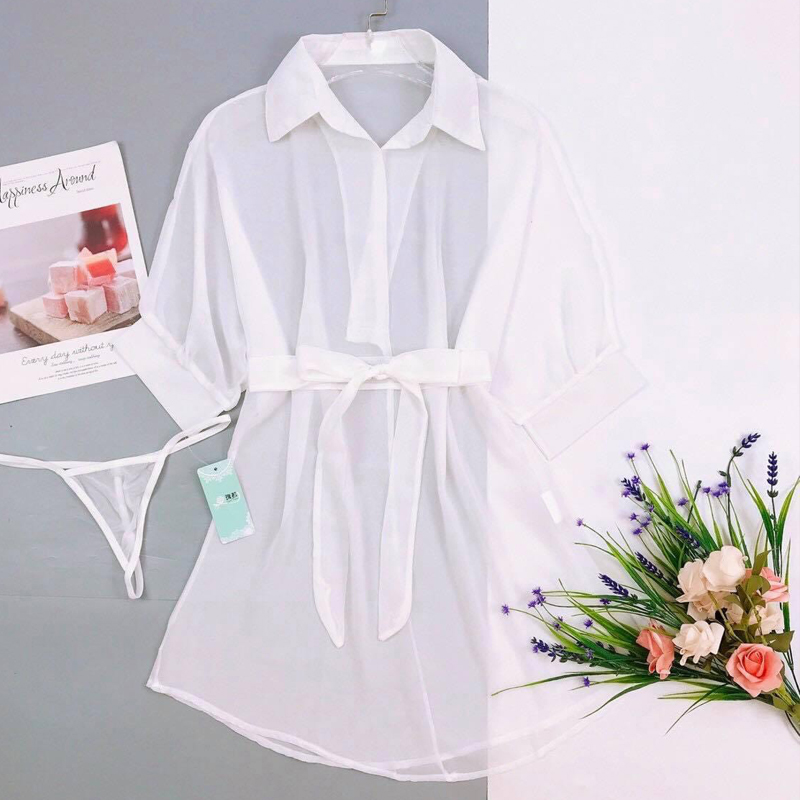 Váy ngủ sơ mi có dây thắt eo kèm quần lót lọt khe cao cấp Q12 - Áo sơ mi ngủ xuyên thấu sexy - Aso sơ mi ngủ nữ - Đầm sơ mi ngủ