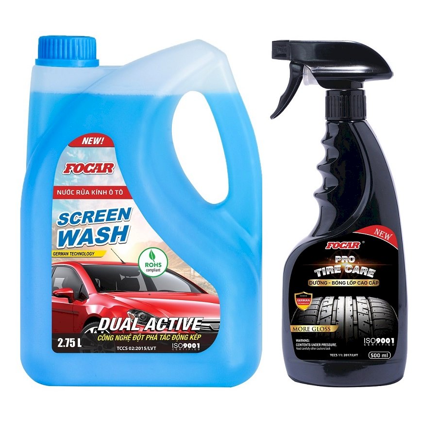 Combo Nước rửa kính ô tô Focar Screen Wash 2.75L + Dung dịch dưỡng đen bóng lốp cao cấp Focar Pro Tire Care 500ml