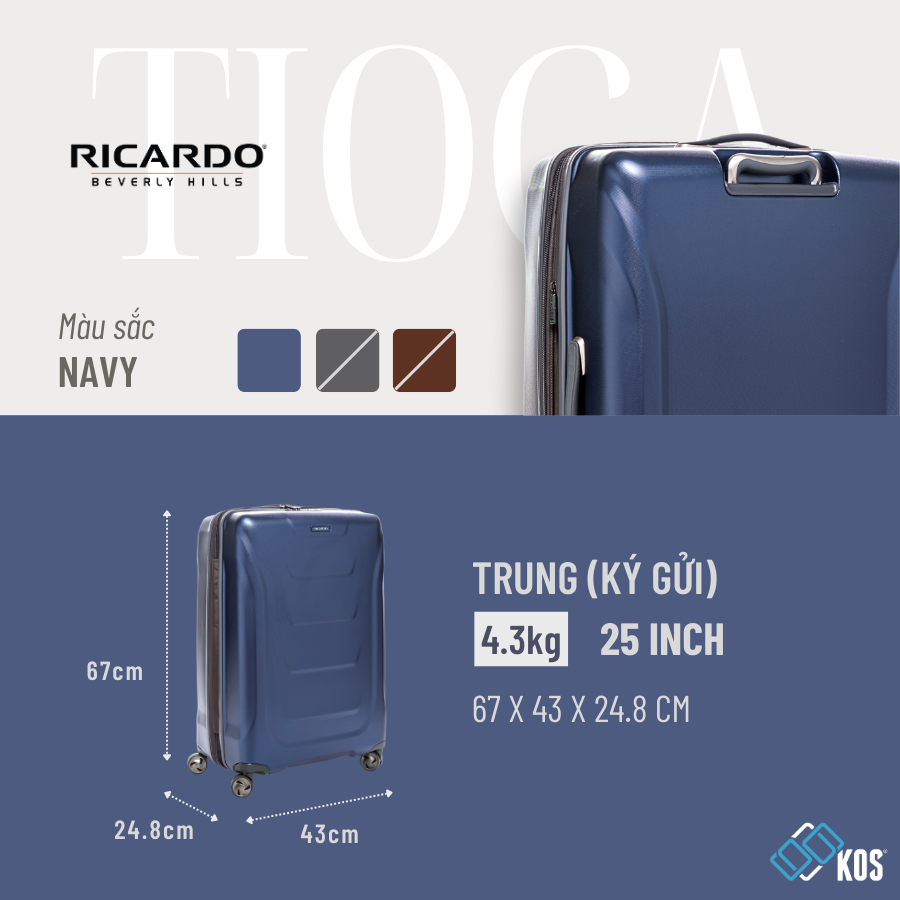 Vali du lịch size M (25 inch), Ricardo Tioga 2.0 thế hệ mới, thương hiệu Mỹ, bảo hành 5 năm quốc tế, Màu Navy